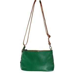 Valentina Green Pebbled Leather Crossbody Bag Made in Italy Tan Straps Gold Tone